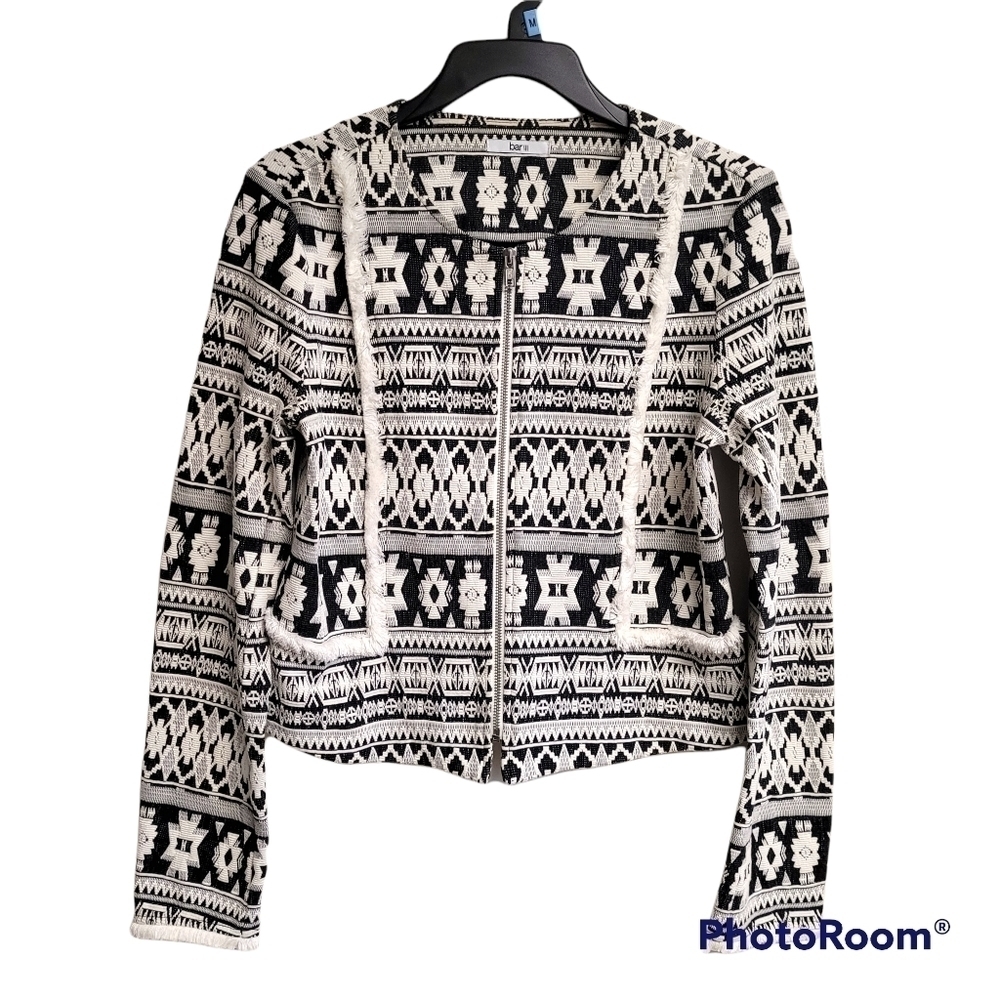 Bar III Black And White Aztec Tribal Print Fringed Full Zip Jacket Size Medium